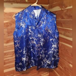 Blue Silk Satin Floral Oriental Vest